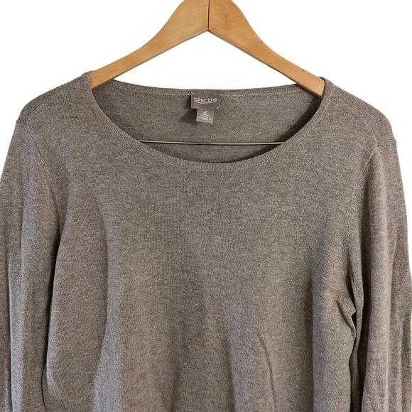 Chicos Beige Brown Knit Top 2 Ruffled Bell Sleeves Pullover Round Neck Neutral - Picture 4 of 5